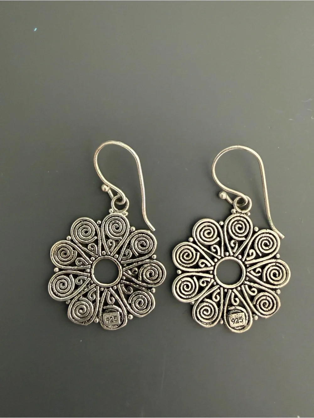 Sterling Silver 925 Spiral Filigree Flower Dangle Earrings